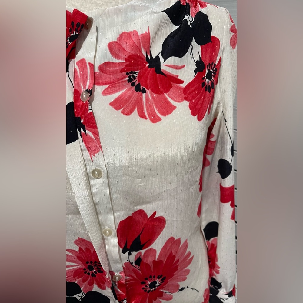 Vintage Pykettes Top White Floral Rose Print Button Front Collared Long Sleeve - Picture 2 of 6
